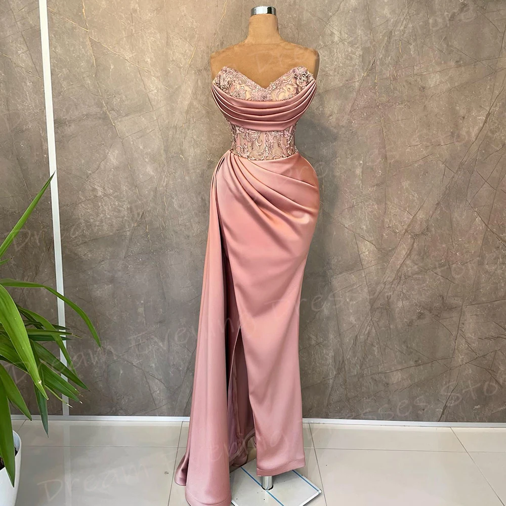 Vestido de noite sereia sem alças para mulheres, elegante vestido plissado, apliques sexy, lindos vestidos de baile rosa