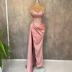 2025 Charming Pink Women's Mermaid Evening Dresses Strapless Customized Prom Gowns Split Appliques Pleated Robe De Soiree Femmes