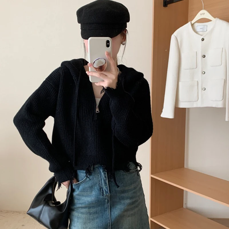 Y2K Half Zipper Hooded Pullovers Women Vintage Hand Frayed Sweater Pullovers Spring Autumn Harajuku Loose Cropped Hoodies Woman