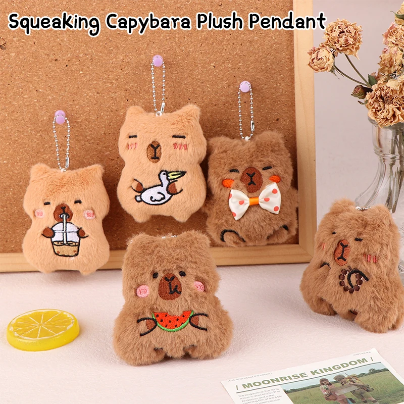 

Squeaking Capibara Plush Pendant Cartoon Milk Tea Capybara Soft Stuffed Doll Keychain Car Key Ring Backpack Bag Decor Gift