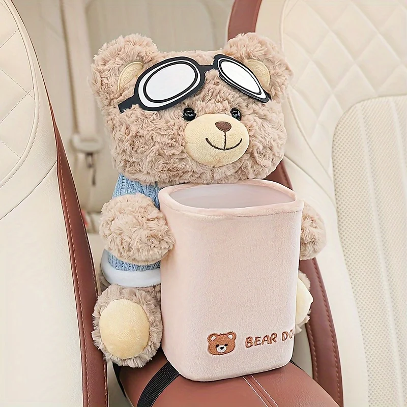 Porte-mouchoirs et poubelle de voiture, ours en peluche mignon, organisateur 2 en 1, support de rangement universel pour accoudoir de voiture avec lunettes, poubelle de voiture, 1 pièce