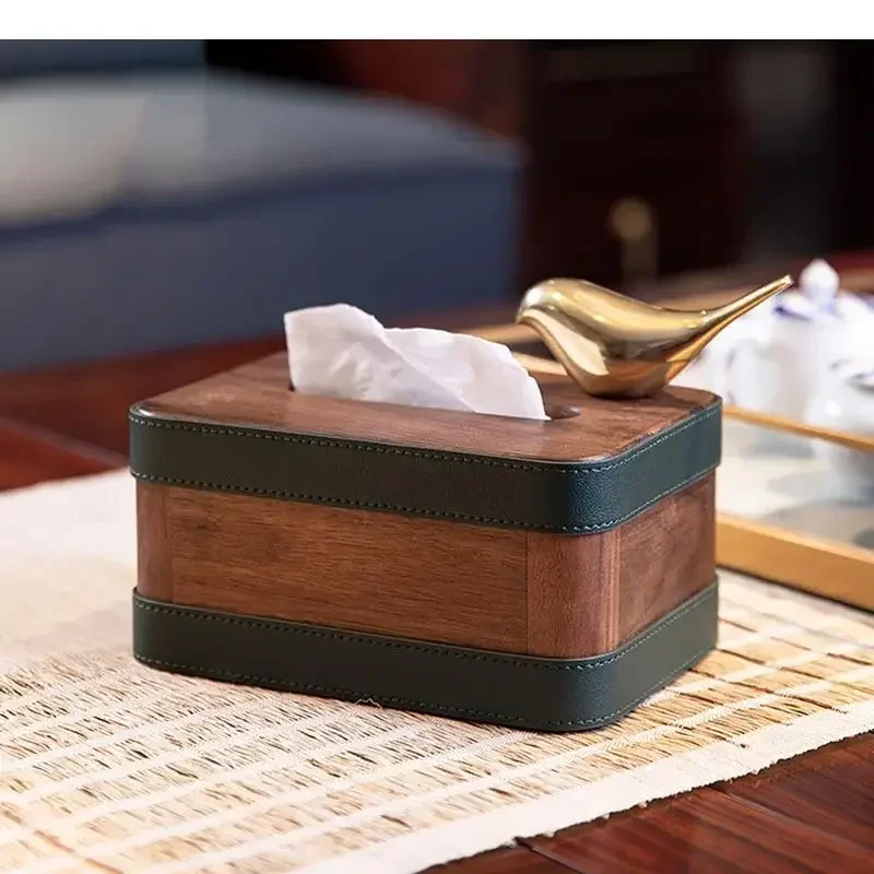 

#Golden Deer Decorative Leather Tissue Box Coffee Table Desk Decoration Walnut Wood Napkin Paper Towel