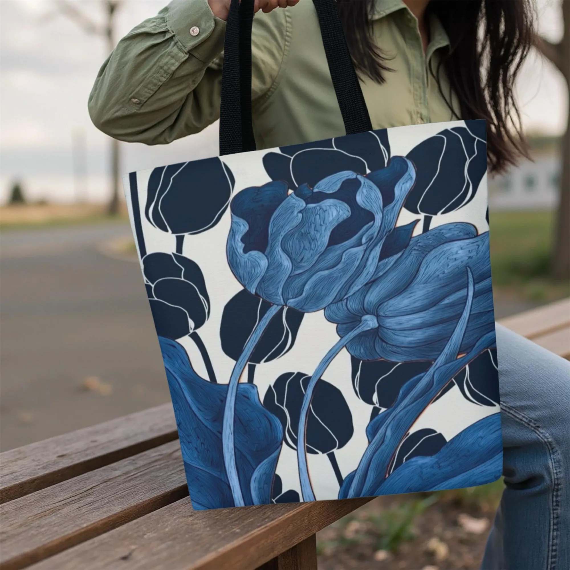 Sac fourre-tout élégant en toile d'art tulipe bleue pour femmes, sac à bandoulière artistique à fleurs, grande capacité, écologique, réutilisable, idéal pour les voyages artistiques