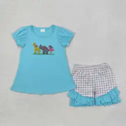 New rts baby girl summer set wholesale boutique embroidery zoo giraffe elephant pattern girls set