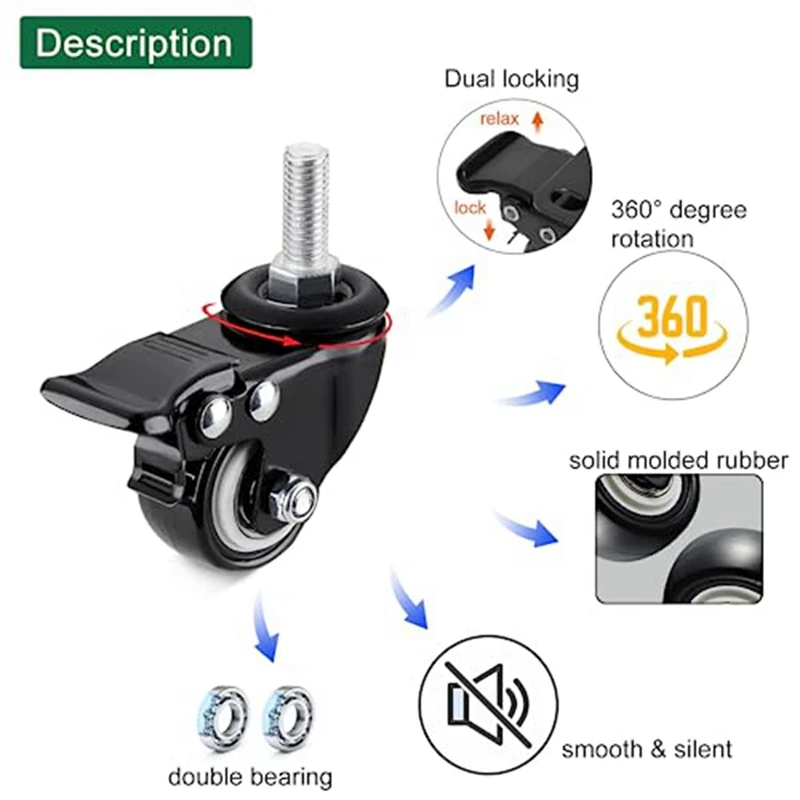 Duty - Threaded Stem Mount (5/16In) Swivel Casters With Brake, For Cart Furniture