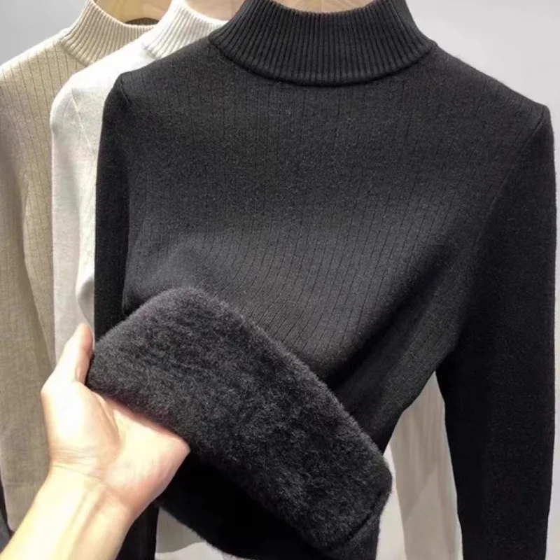 

Knitted Base Sweater with Integrated Velvet Women's Semi High Neck Sweater Autumn and Winter New Long Sleeved Inner Top