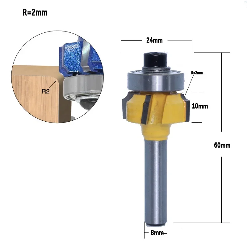 8mm Shank Milling Cutter Router Bit 45# Steel Edge Trimmer R1.5 R2 Smooth Woodworking Yellow Cutting Size 20*6mm
