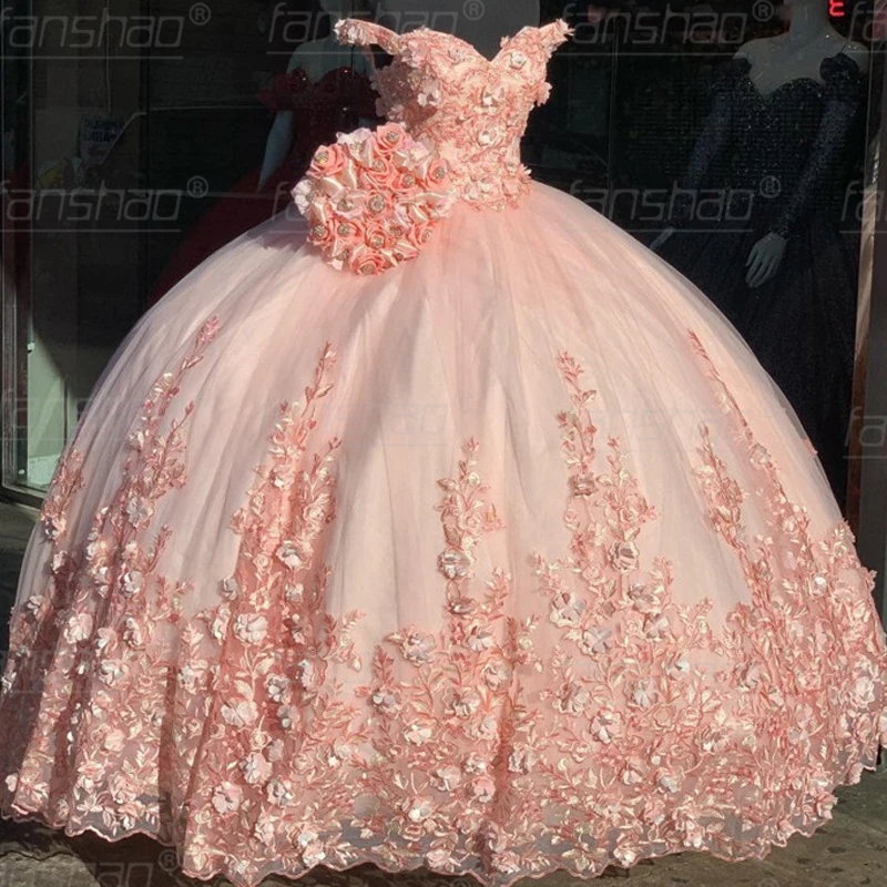 فساتين ANGELSBRIDEP الوردية Quinceanera مع فساتين زهور ثلاثية الأبعاد للحلو 16 الأميرة تول حفلة تنكرية ثوب حفلة تنكرية مخصص