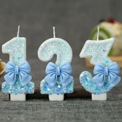 Birthday Number Candle 0 1 2 3 4 5 6 7 8 9 Blue Bow Cake Candle Decoration Party Cake Topper Decor Anniversary Decor