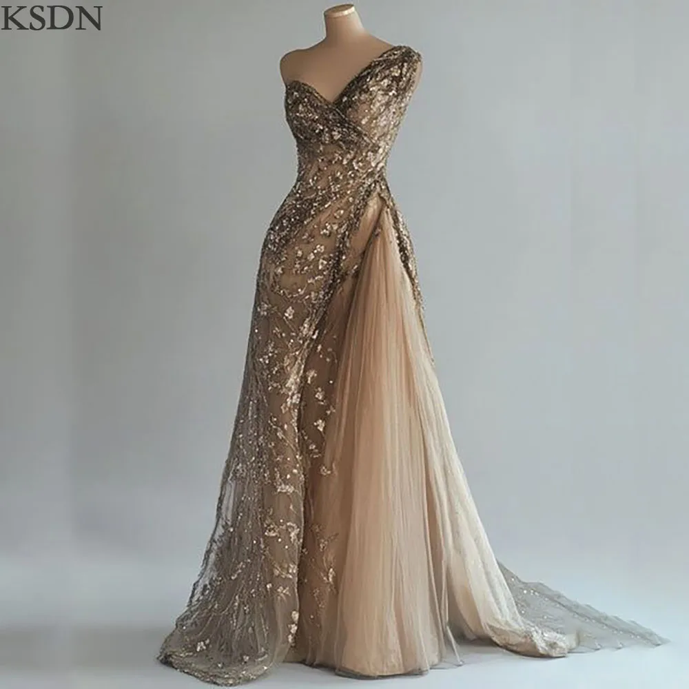 

KSDN Luxury One-Shoulder Appliques Beading Evening Dresses 2025 Fashion Sleeveless Chapel Train Tulle Gown Formal Occasion Dress
