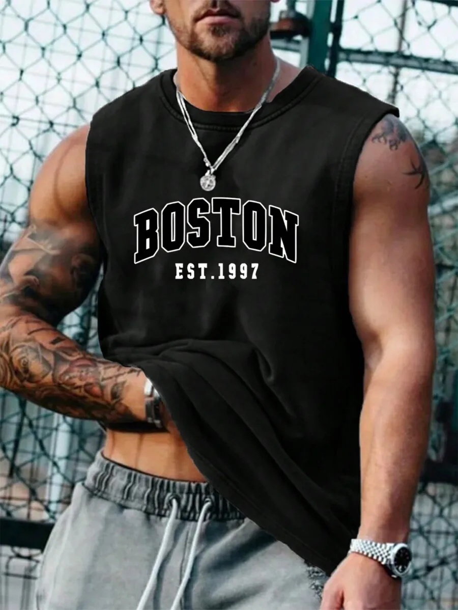 

Men's Black Casual Graphic Print Round Neck Sleeveless Tank Top