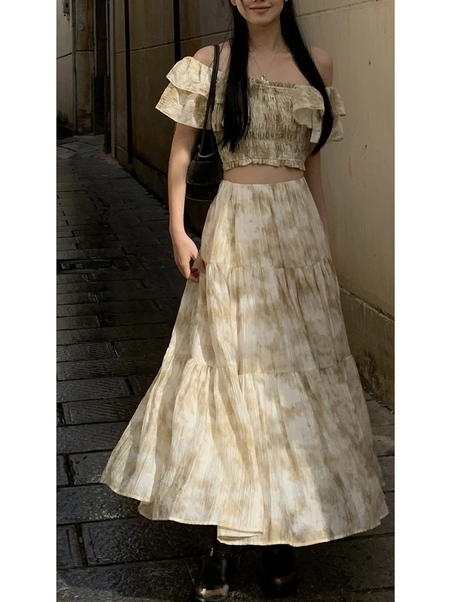 

Юбка трапециевидной формы с высокой талией, женский комплект из двух предметов с цветочным принтом, летнее новое поступление, ткань Ele Sle, удобная для поездок на работу