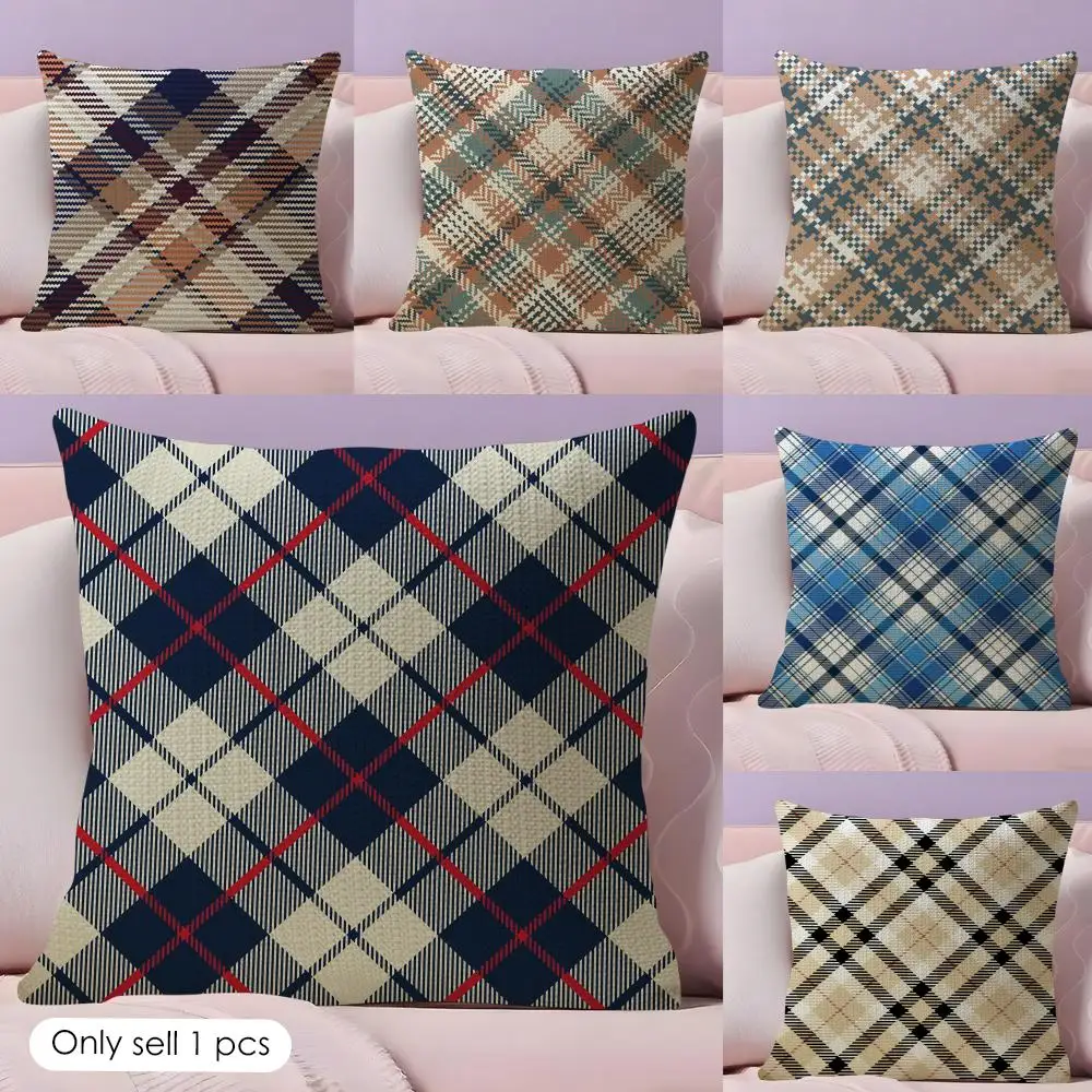 Fashionable check stripe Cushion Cover Natural Linen Organic Fabric Double-Sided Printing Sofa Home Decor Gift Pillow Case