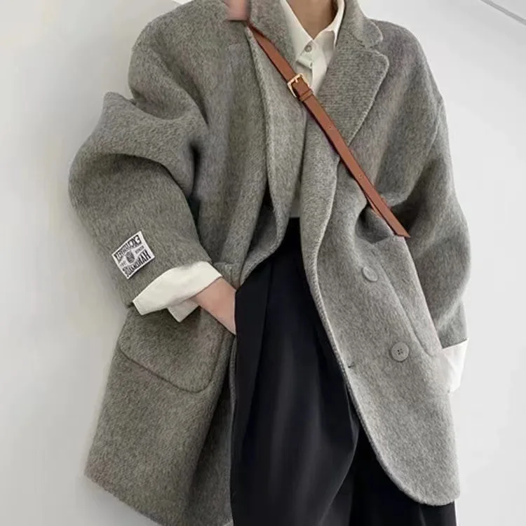 Women's Solid Wool Suit Coat Loose Warm Casual Double Breasted Vintage Jacket With Pockets Office Street Style Clothes Outwear