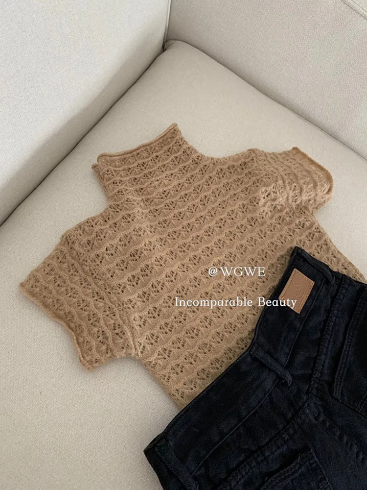 American Retro Solid Crochet Top Fashion All-Match Women Turtleneck Tees Casual Slim T-Shirts Baggy Oversize Tide Spring Summer