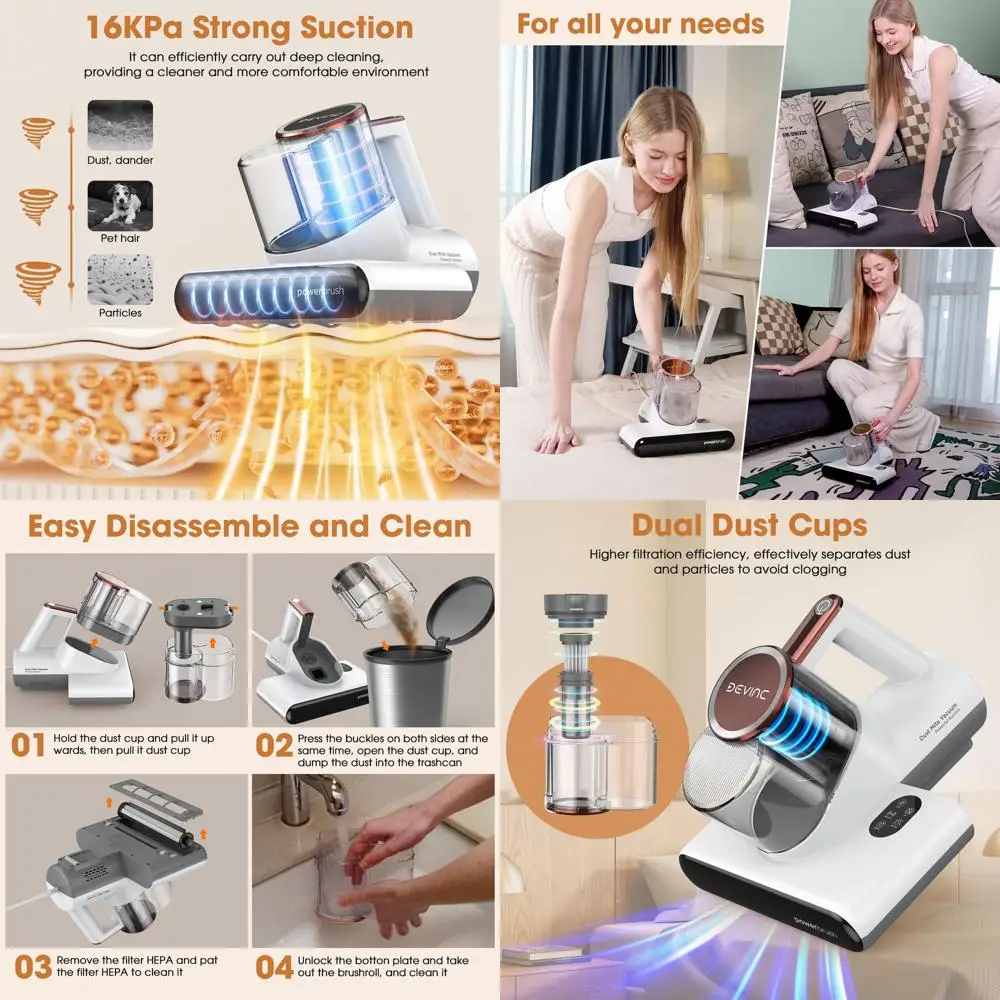 16 KPa UV-C Vacuum with HEPA Filter and Heating, Ideal for Bed, Sofa, and Upholstery Cleaning