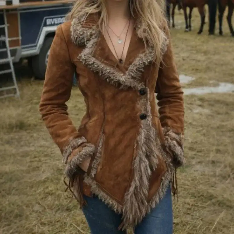 

Женский винтажный замшевый жакет-свитер с отложным воротником