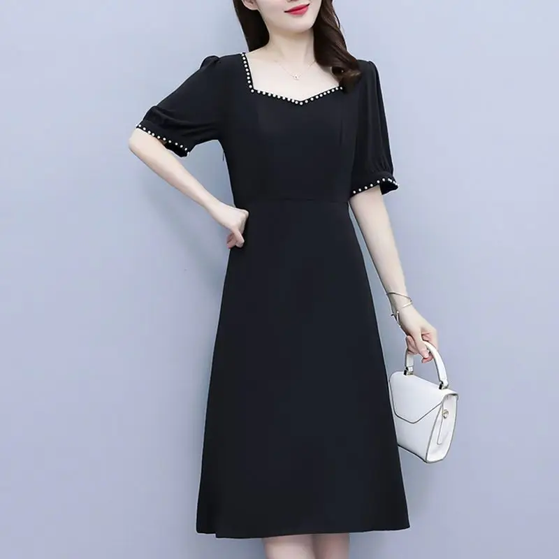 Elegant Solid Color Beading Midi Dress Women's Clothing 2023 Summer New Oversized Sweet Ladies Dresses