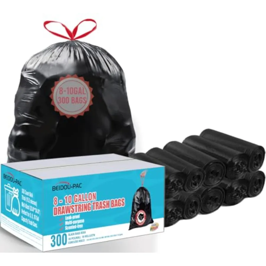 

Trash Bags Drawstring, 300 Count Bulk, Black and Unscented Multi-purpose Garbage Bags for Business Home Bathroom Kitchen Commer