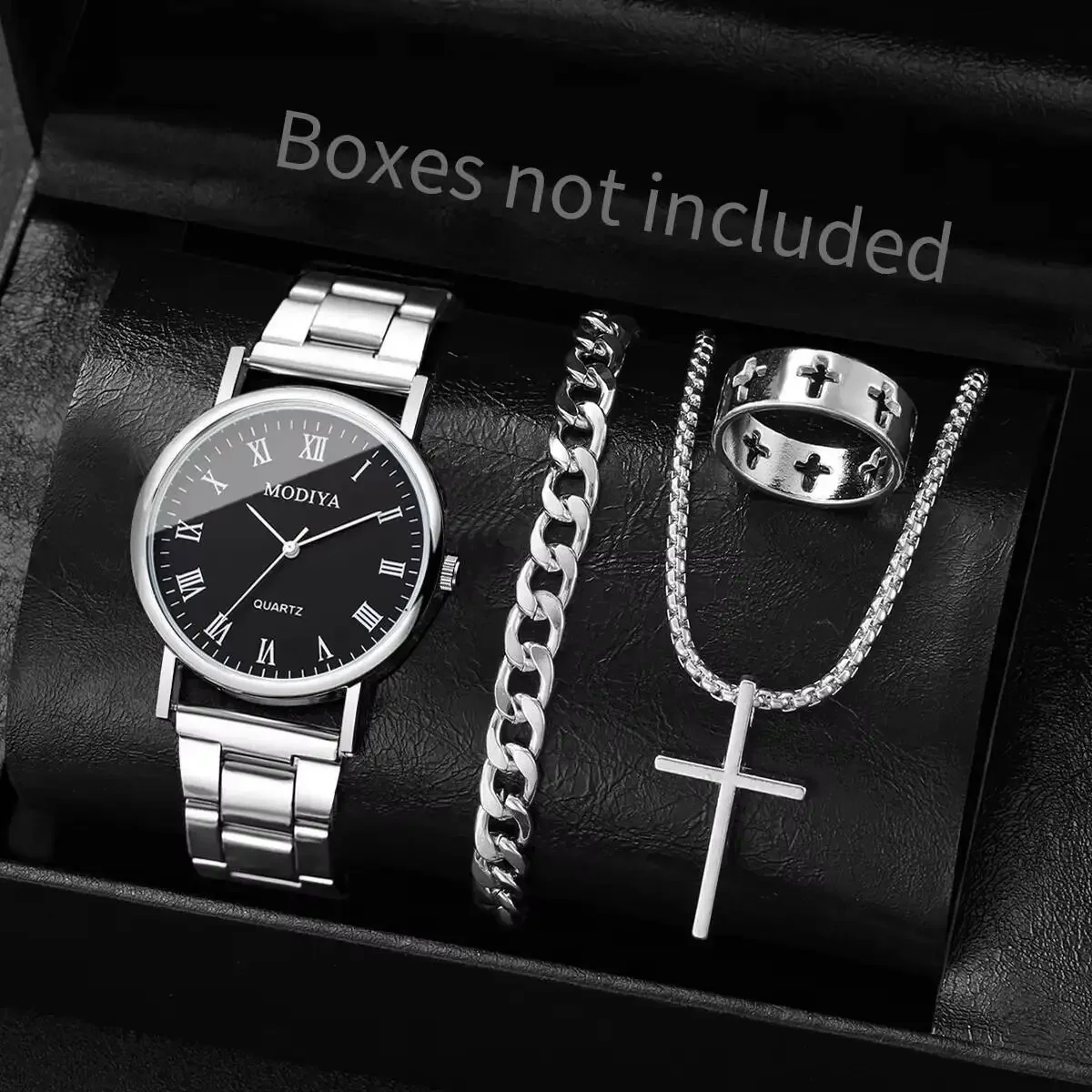 

4 Pieces/Set Fashion Men's Business Watches Simple Roma Dial Quartz Watch-Bracelet Jewelry Set Men's Watch (Without Box)