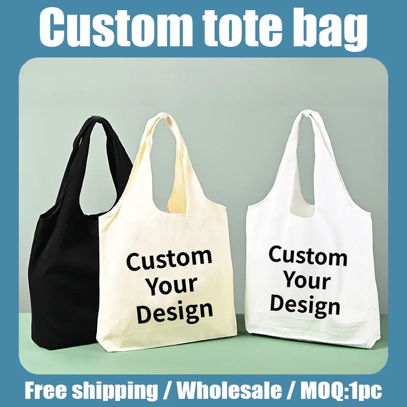 Custom LOGO Tote Bag Shopping Add Your Logo Print Original Design Fashion Travel Canvas DIY Shoulder Bags Women Handbags