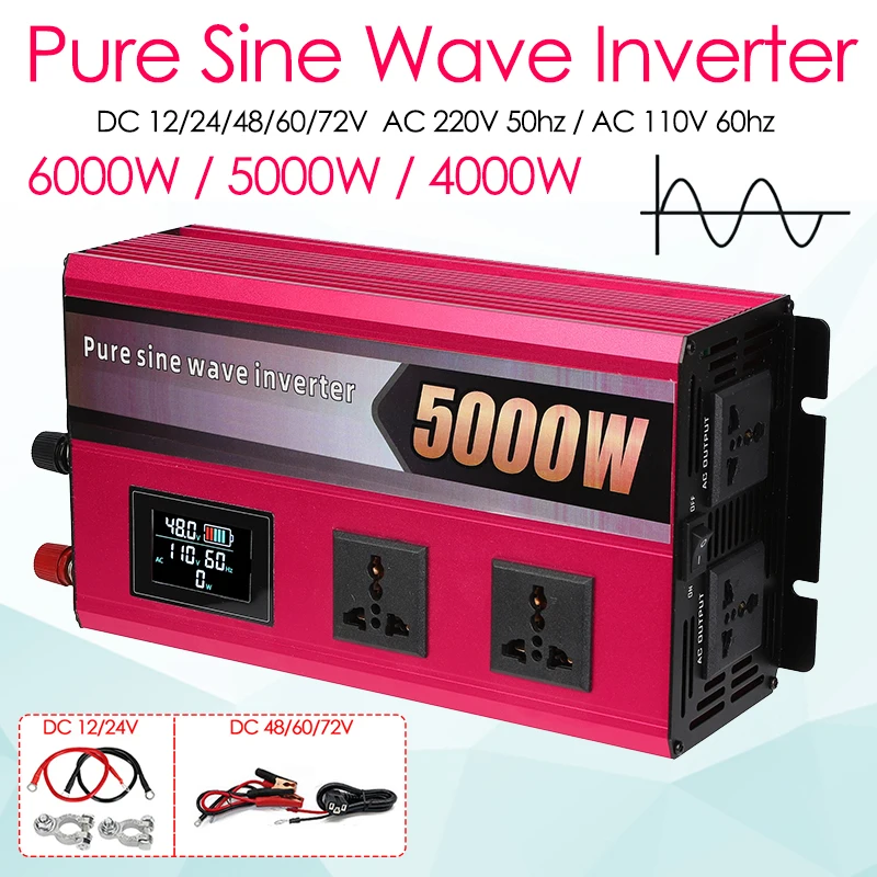 

Pure Sine Wave Solar Inverter 4000W 5000W 6000W DC 12V 24V 48V To AC 220V/110V Voltage Converters Car Solar Power Inverter