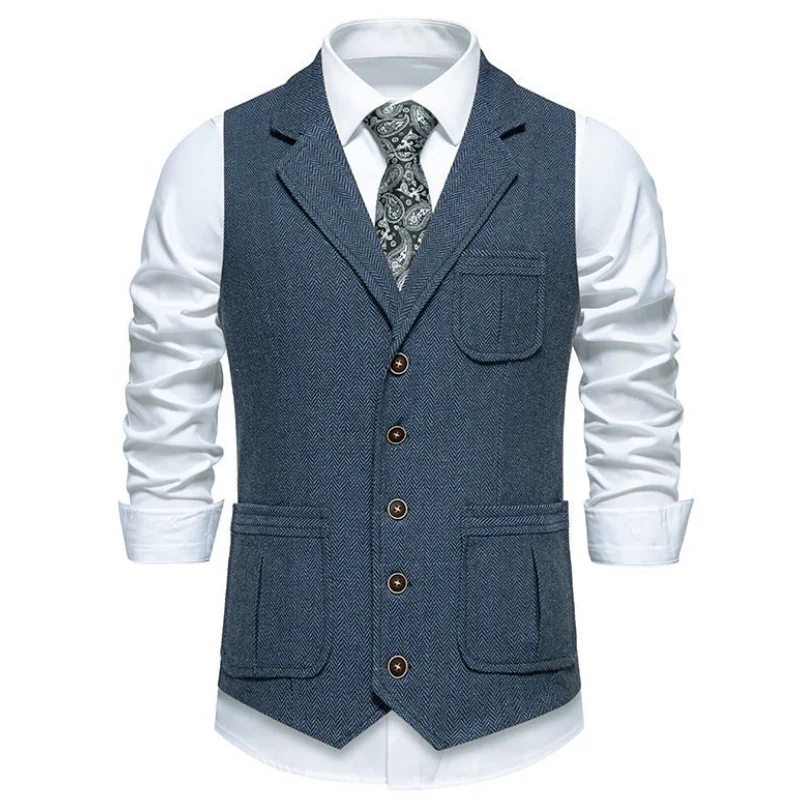 Men Vest Blue Herringbone Solid Waistcoat Stand Collar For Wedding Casual Business Banquet Work Set Men Suit Vest