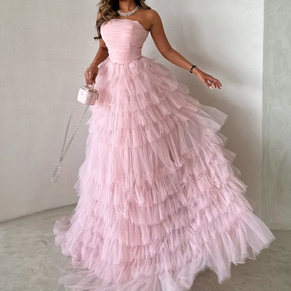 Temperament A-Line Floor Length Strapless Tulle Sleeveless Pleats Evening Dress High Quality Photo Color vestidos de fiesta