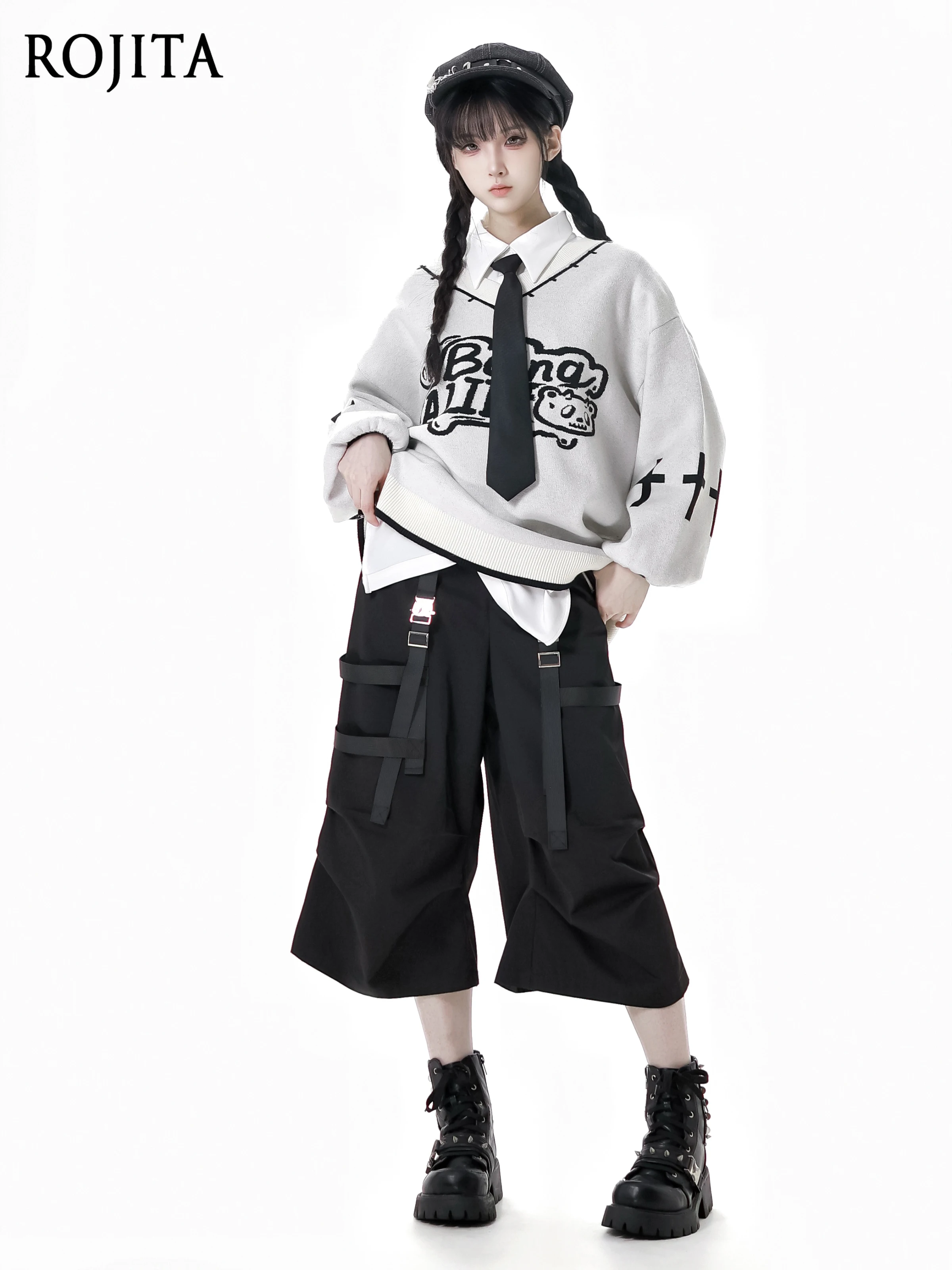 

Early Autumn V-Neck Pullover Knitted Sweater Cat Ear Long Sleeve Waist-Cinching t-shirt Wide-Leg Pants Cargo Pants Cake Skirt