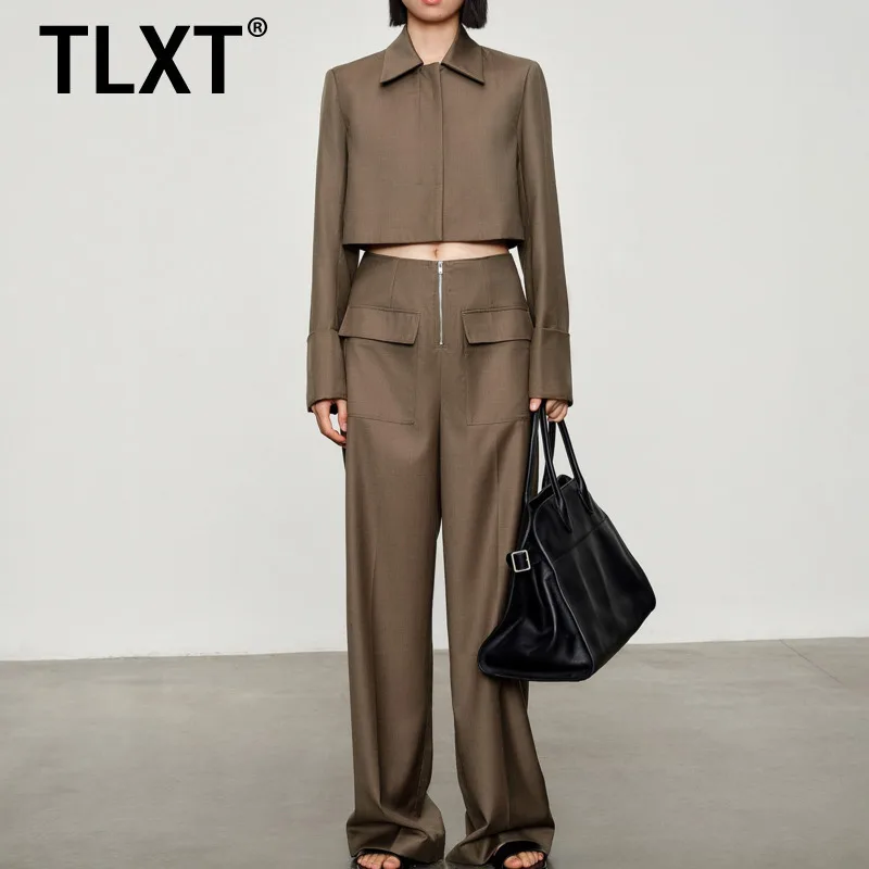 

TLXT Women's 2025 Coffee Color Advanced Sense Minimalist Design Short Coat With Zipper Pocket Straight Pants Suit Two-piece