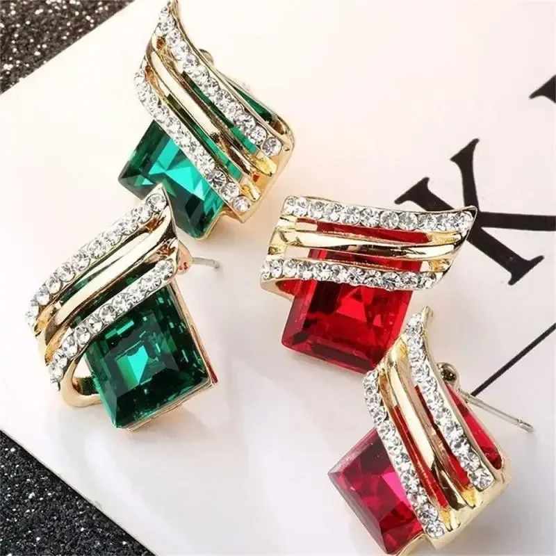 New Fashion Elegant Blue Green Geometry Zircon Crystal Earrings Gold Color Simple Earrings for Women Jewelry Anniversary Gifts