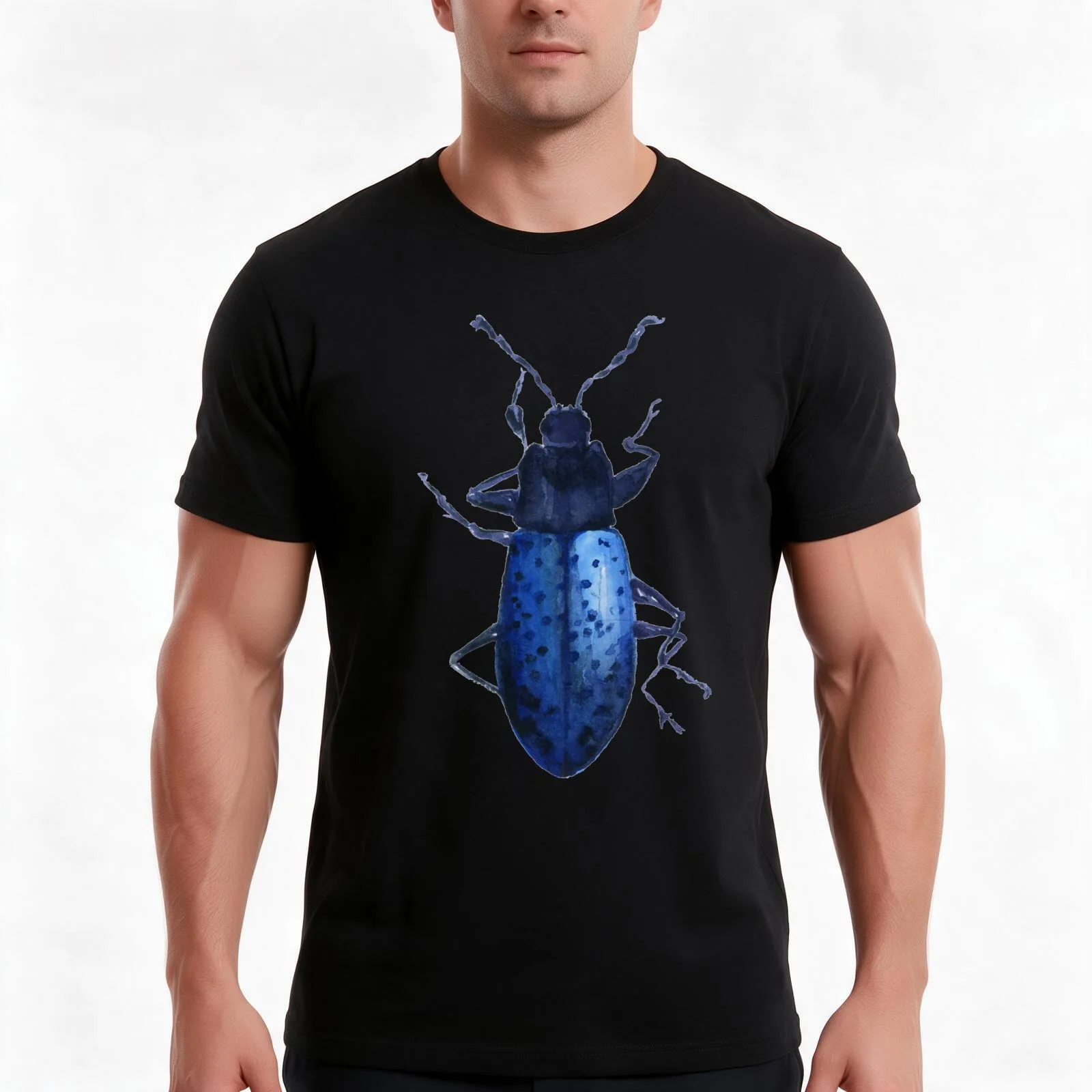 Insect Bug Blue beetle Watercolor T-Shirt, Summer Casual Cotton Tee, Oversized Streetwear Tops, Vintage Graphic Print