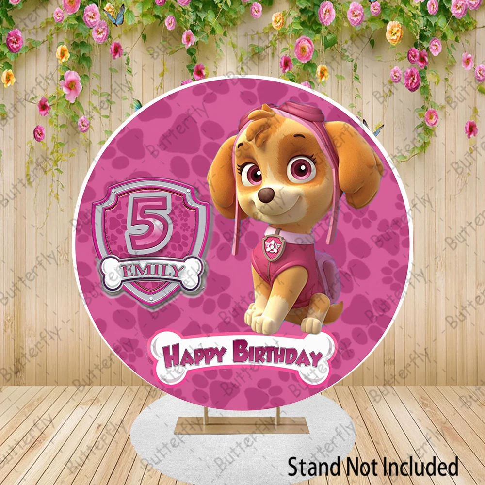 

Flying Dog Skye White Bone Pink Paw Logo Birthday Backdrop Paw Patrol Cartoon Round Photography Baby Shower Background Banner