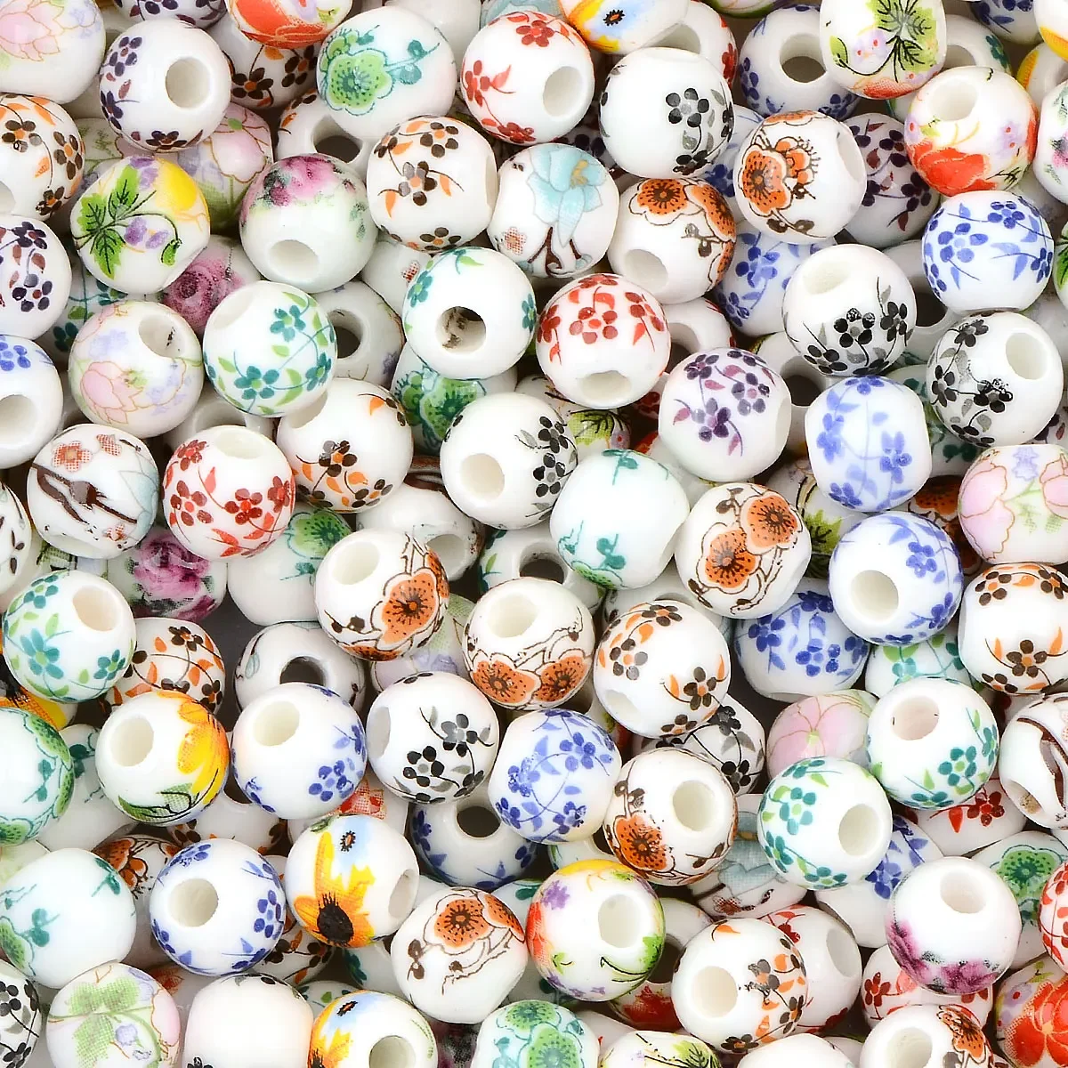 0.6cm/0.8cm/1cm 20pcs Random Color Mix Hot Sale Big Hole Handmade Flower Patterns Decal Round Ceramic Beads DIY
