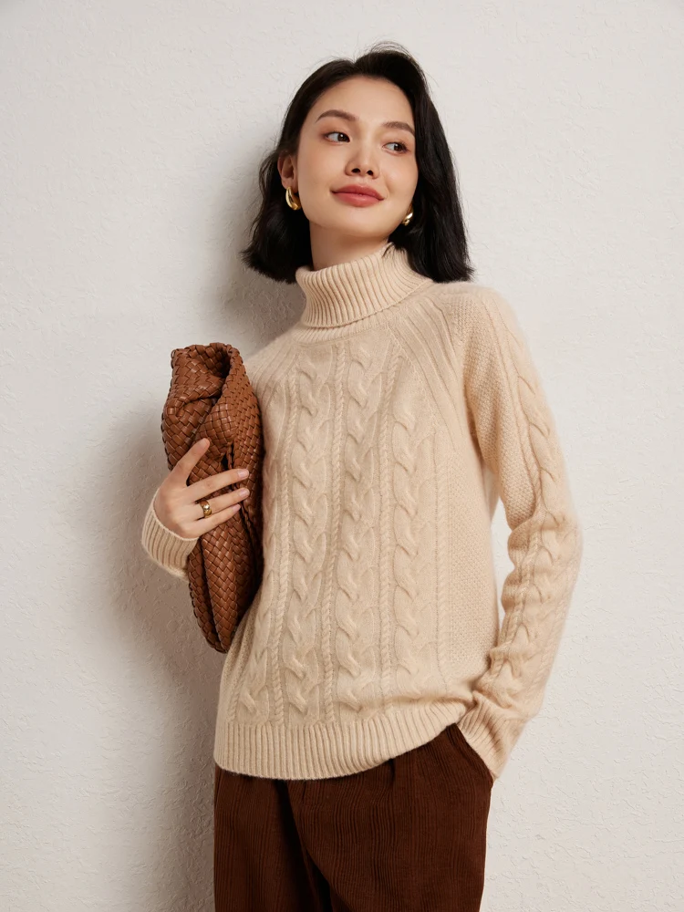 

TLOML High Quality Women 100% Cashmere Sweater Autumn Winter Turtle Neck Cable Knit Pullover Thick Warm Sweater Casual Style Top