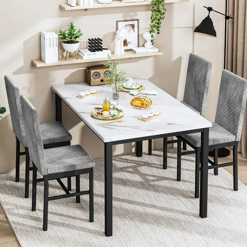 Dining Table Set for 4, Kitchen Table and Chairs Set of 4, Faux Marble Dinner Table Set with 4 Upholstered Velvet Chairs