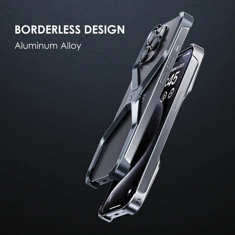 Luxury metallic aluminum frameless case for iPhone 15 14 Pro Max removable X-type heat dissipating armored shock cover