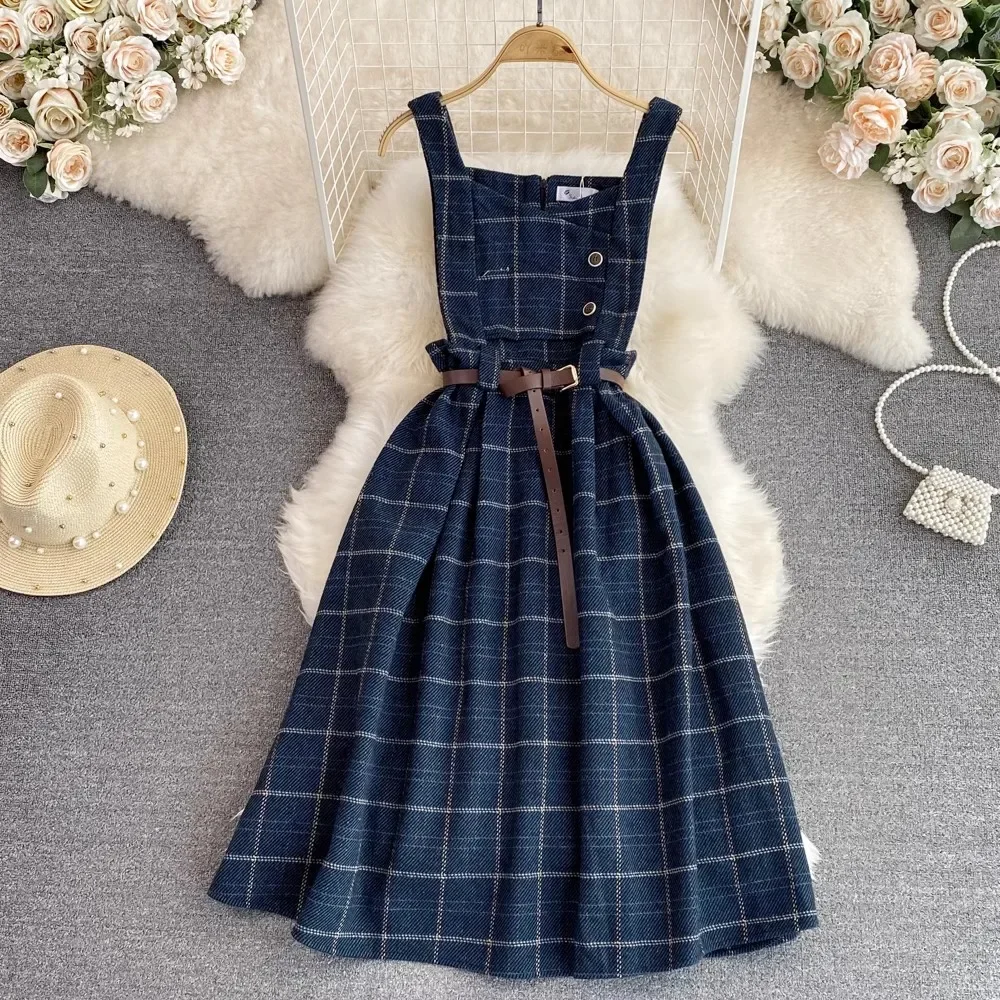 2024 Autumn Winter Long Plaid Dress Women Sleeveless Woolen Sundress Loose Overalls Spaghetti Strap Dresses Vestidos CY461