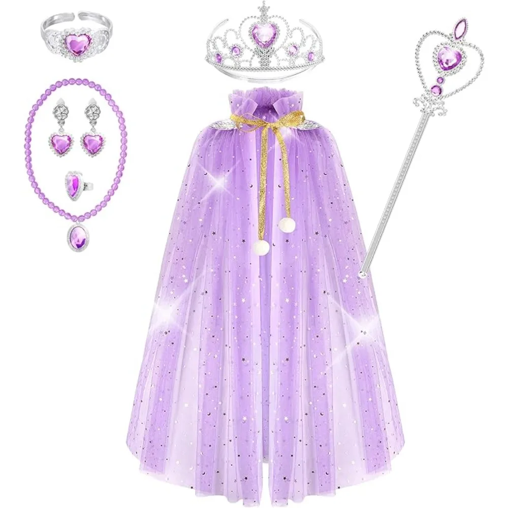 Princess Cape Set 7PCS Girls Princess Cloak with Tiara Crown Wand for Little Girls Dress up Rainbow Princess Dresses Birthday