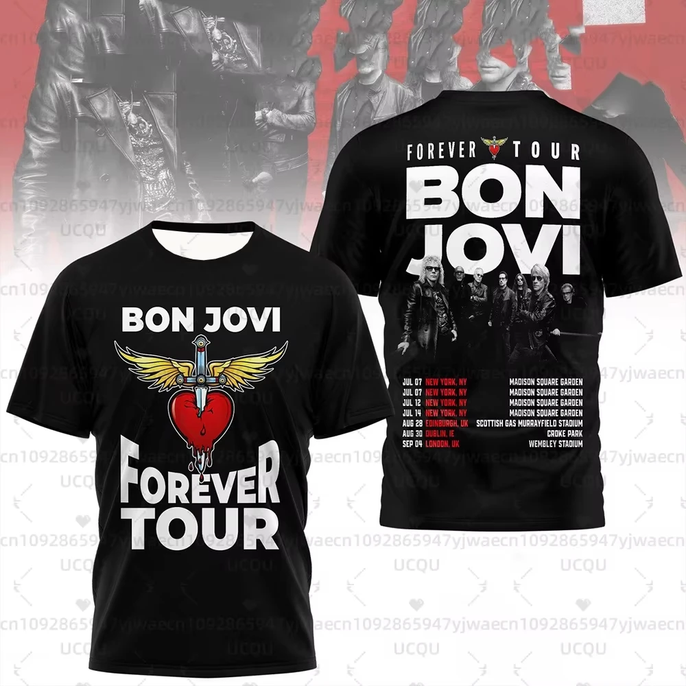 الرجال الجولة الرقبة تي شيرت المرأة قصيرة الأكمام تي شيرت هدية فكرة بلايز موضة جيرسي بلايز بون جوفي للأبد جولة طفل تي شيرت