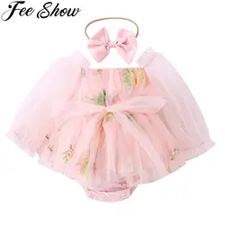 Newborn Baby Girl Fairy Romper Dress Flower Embroidery Tulle Tutu Princess Long Sleeve One-Piece Bodysuit Cake Smash Outfits