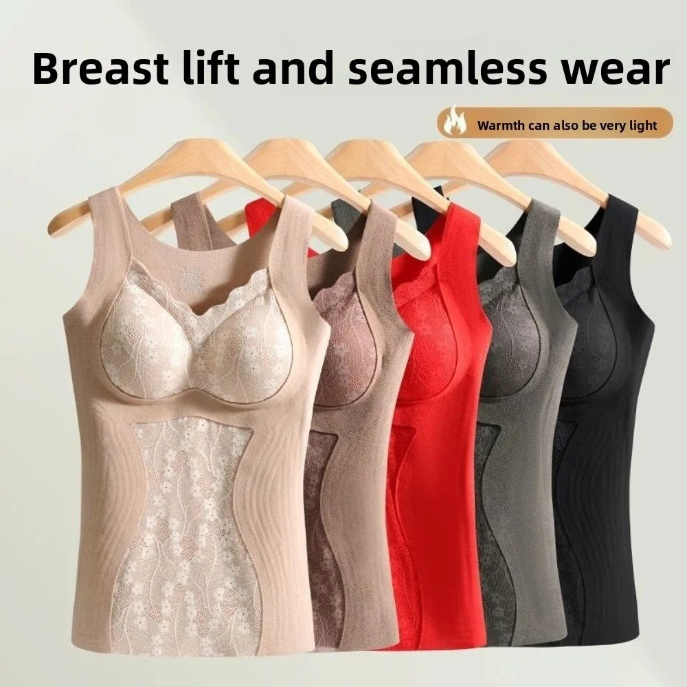 

Lace Thermal Shapewear Camisole Slimming with Padded Cups Postpartum Body Shaper Velvet Fleece Sleeveless Thermal Underwear