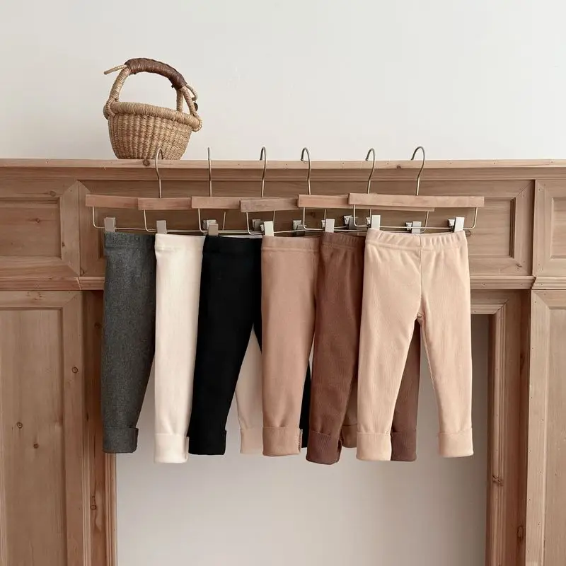 Autumn Kids Ribbed Leggings Boys Girls Elastic Waist Cuffed Hem Solid Color Slim Casual Pants