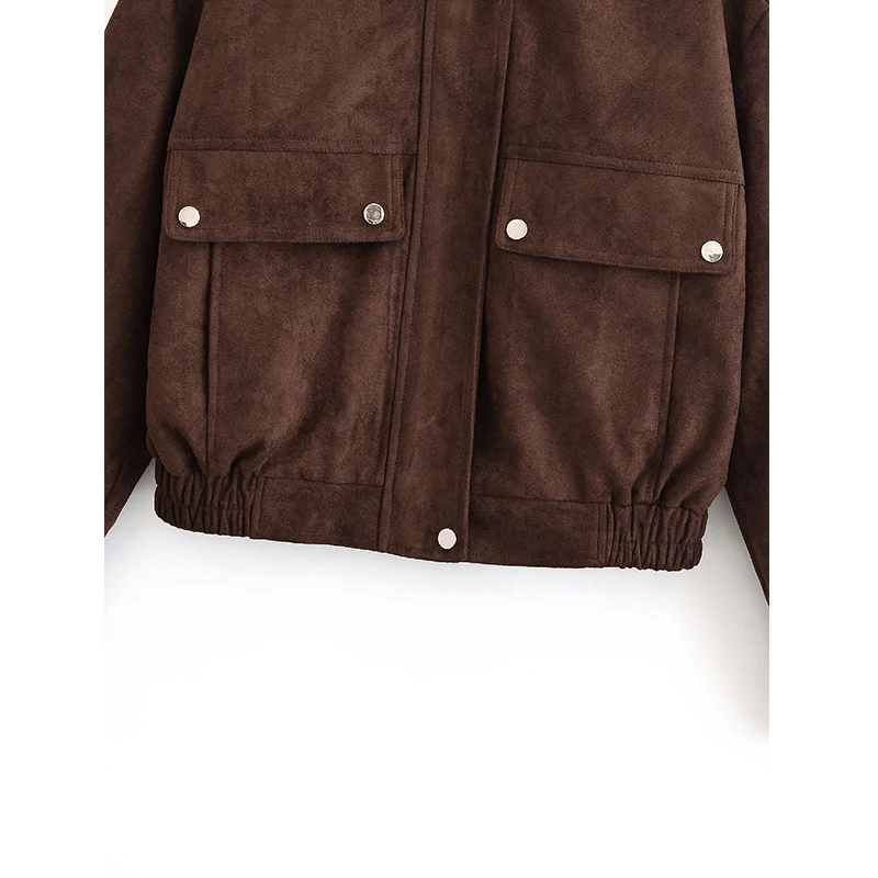 YENKYE Faux Suède Bomberjack Voor Vrouwen Lange Mouw Hoge Hals Met Zakken Jas Herfst Winter Warme Korte Outfits