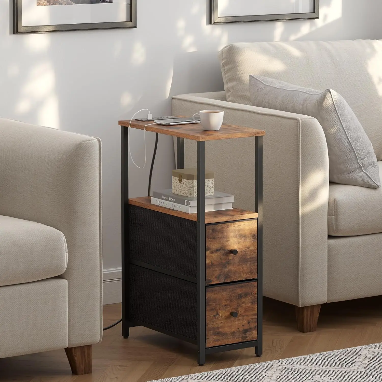 Small Narrow End Table with Charging Station, Side Table with Outlets
