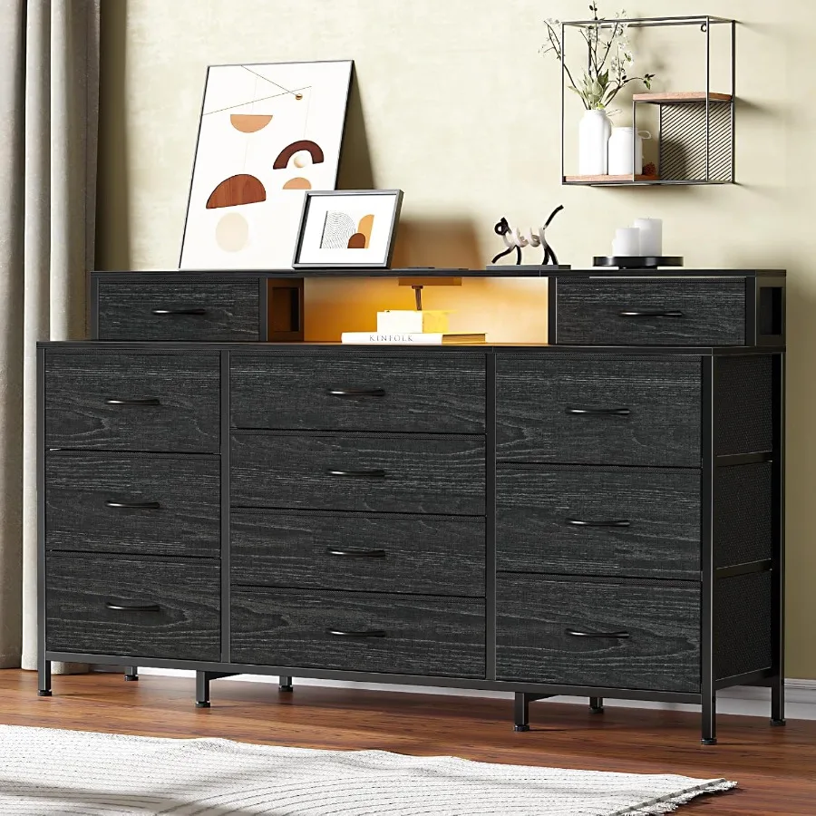 خزانة ملابس 63 واط لغرفة النوم مع أضواء LED ومنافذ طاقة سوداء كبيرة 12 درج تخزين طويل من القماش مع 2 She