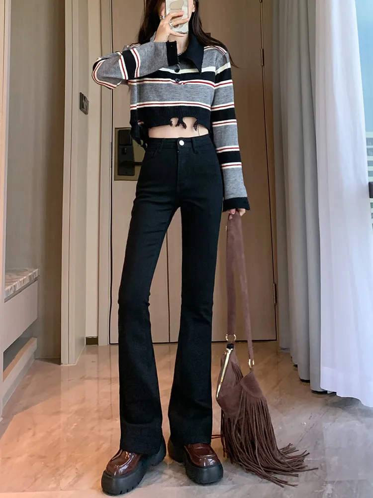 

High Waist Black Bell Bottom Jeans Women's Spring Autumn 2023 New plus Size Slimming Long Ankle Bootcut Denim Pants