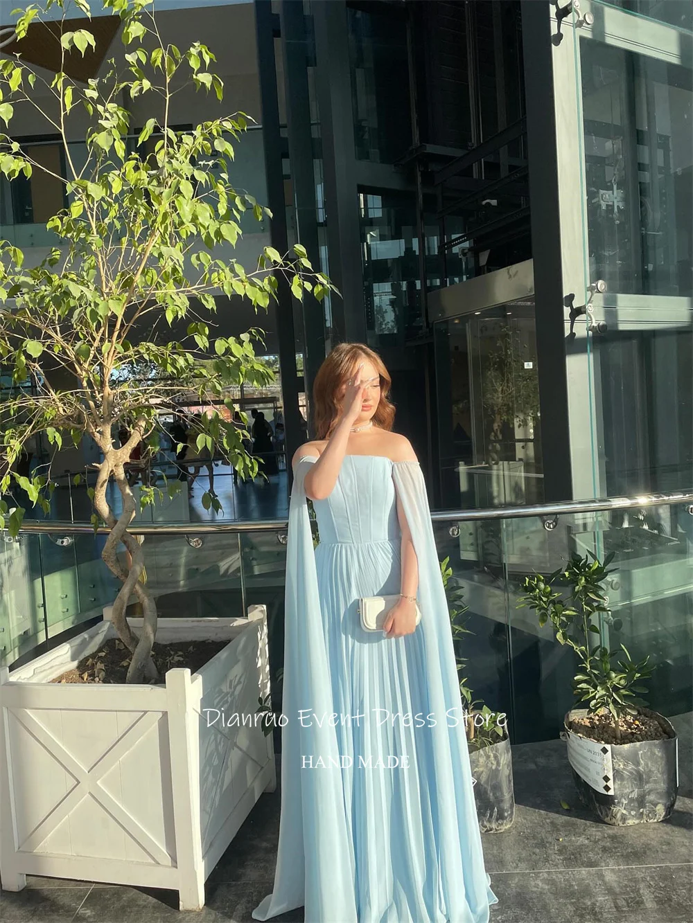 Dianruo Abiti da sera con maniche a mantella con spalle scoperte Una linea in chiffon Vestido De Fiesta Abiti lunghi pieghettati per occasioni speciali personalizzati