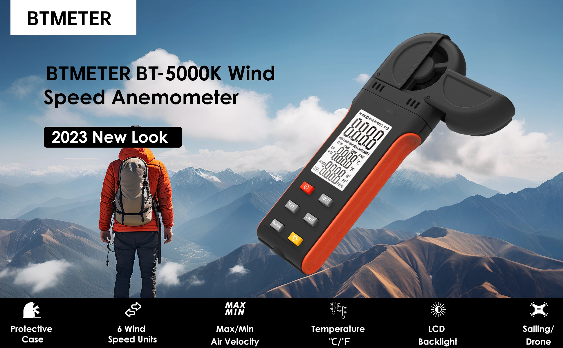 Digital Anemometer Wind Speed Meter, 6-in-1 Wind Gauge for Velocity/Temperature/Relative Humidity, Auto-Off with Data Hold