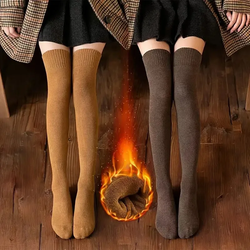 1 Pair female Autumn Winter Solid Color Knee High Socks Fashionable Warm Comfortable Thick Looped Outdoor Home Casual Stockings